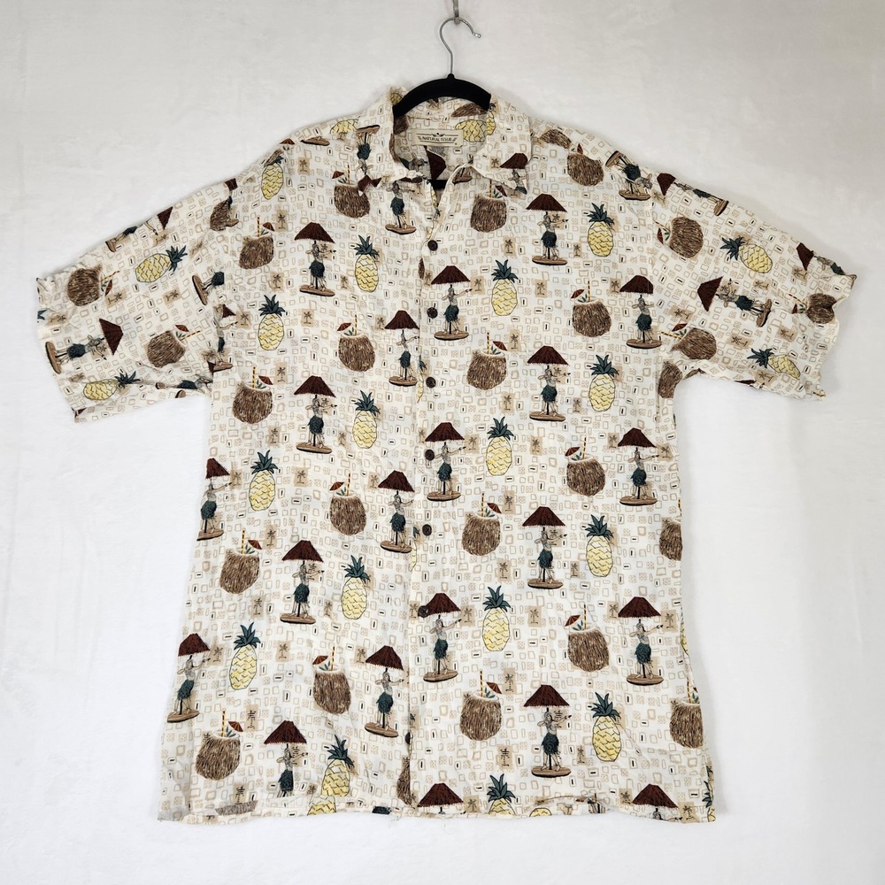 Natural Issue Mens Rayon Hawaiian Shirt Hula Pineapple Coconut Cream Medium
